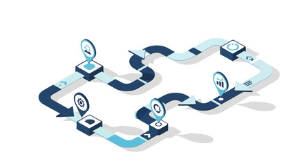 Isometric infographic with 3d arrows and navigation icons for workflow