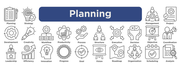 planning icon set featuring strategy, workflow, productivity, process, management, objectives, scheduling, and analysis in vector outline style. 