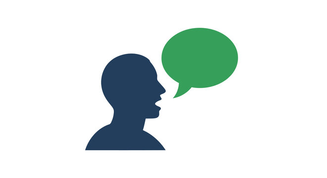 Blue silhouette profile with green speech bubble on white background