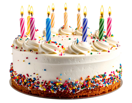 Festive cake with lit candles and sprinkles