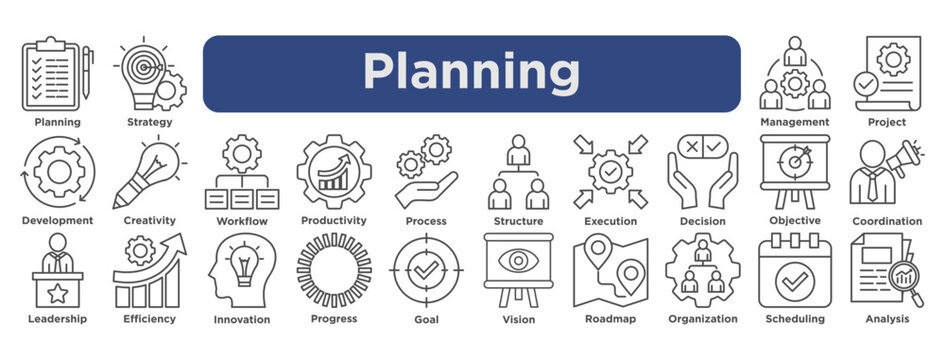 planning icon set featuring strategy, workflow, productivity, process, management, objectives, scheduling, and analysis in vector outline style. 