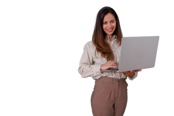 Businesswoman standing, smiling, and working on laptop, demonstrating freelance remote innovative technology expertise