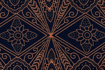 Vibrant orange geometric and floral pattern on dark blue fabric. Intricate symmetrical textile design, traditional art background perfect for print.