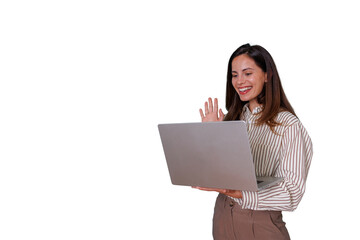 Naklejka premium Woman smiling and waving during a video call on a laptop, communicating remotely with transparent background