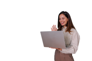 Woman smiling and waving during a video call on a laptop, communicating remotely with transparent background