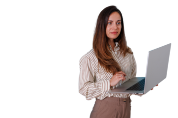 Professional woman standing, using laptop computer, working online, conducting business, productivity concept