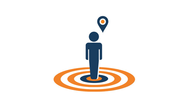 Geolocation concept with person inside target mark and pin icon on whi