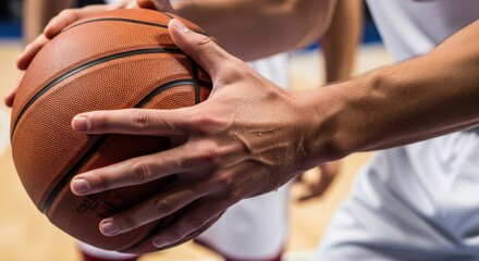 Intense focus as basketball player grips the ball, ready for action on the court with determination and sweat dripping, representing sport and competition