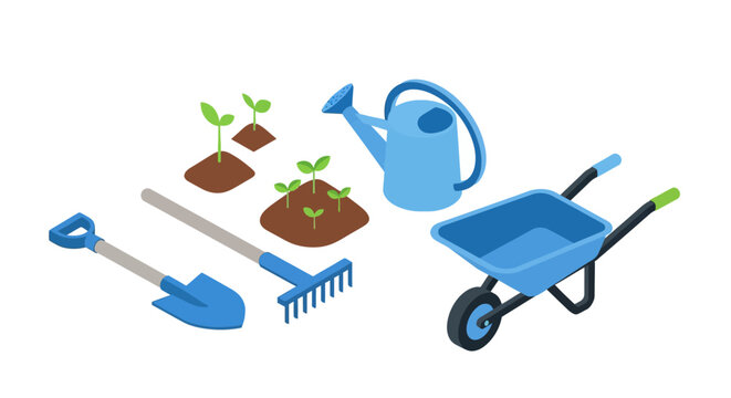 Gardening tools and seedlings isometric design for planting and landsc
