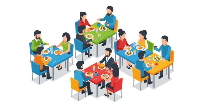 Isometric people dining in a cafe setting with diverse groups and colo