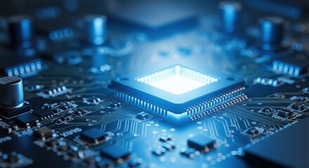 Modern glowing computer chip on a circuit board for innovative technology solutions and advanced engineering design, ideal for tech companies and startups