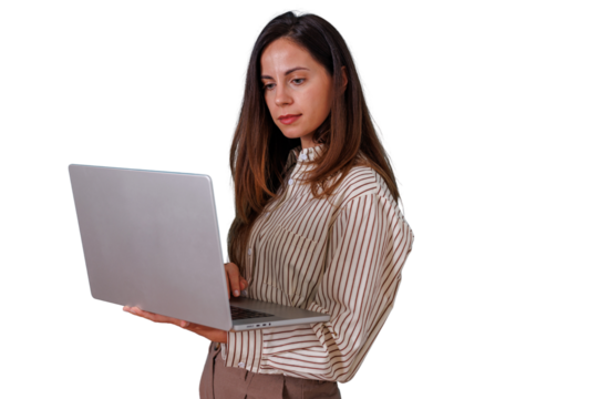 Businesswoman standing, holding laptop, looking at screen, working remotely, transparent background for various uses