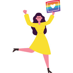 Joyful Woman in a Yellow Dress Celebrates Holding a Rainbow Heart Symbol on a Transparent Background Celebrating Pride and Love