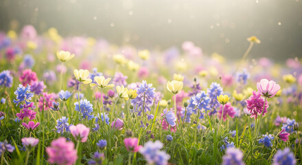 Fototapeta premium Dreamy Wildflower Meadow in Spring, Bathed in Soft, Ethereal Sunlight A breathtaking, horizontal, low-angle shot of a lush wildflower meadow blanketed in a rich variety of colorful blooms
