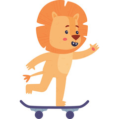 Happy Cartoon Lion Character Riding a Skateboard on a Transparent Background