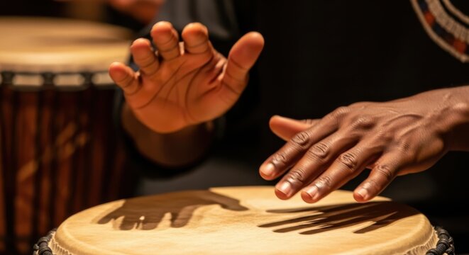 Rhythmic passion African djembe drum performance with vibrant hands beating out a mesmerizing rhythm for music culture and artistic expression