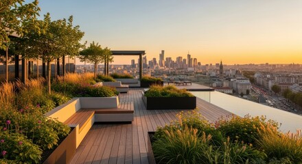 Stunning rooftop garden oasis overlooking city skyline at sunset, perfect for upscale real estate marketing, urban lifestyle branding, and luxury travel promotions