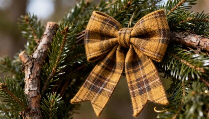 Festive bow decoration amidst evergreen foliage nature setting close-up
