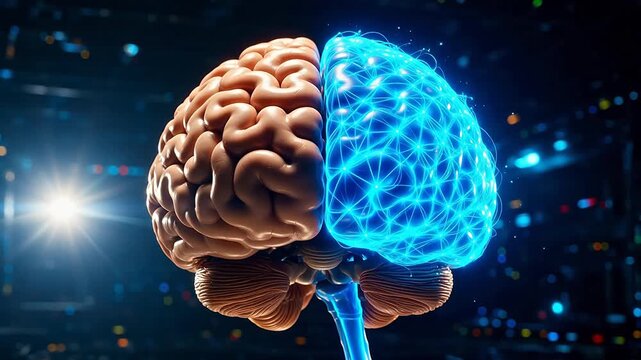 Futuristic glowing human brain merging with artificial intelligence technology concept