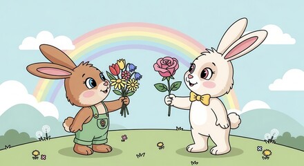 Adorable bunnies offering vibrant flowers under a cheerful rainbow, perfect for springtime cards, children's books, or Easter promotions