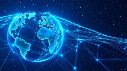 Rotating holographic blue plexus earth globe with global data network connections - Powered by Adobe