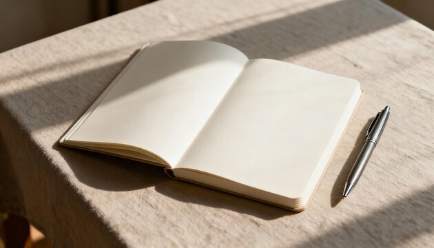Writing inspiration open notebook on table in sunlit room