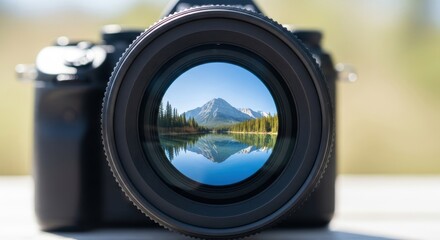 Stunning mountain landscape reflected in a camera lens, perfect for travel blogs, photography courses, and outdoor adventure promotions with a unique perspective