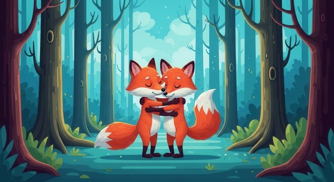 Adorable fox couple hugging in a whimsical forest, a charming scene perfect for children's books and heartwarming projects, radiating love and friendship