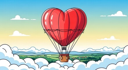Romantic heart shaped hot air balloon soaring over a whimsical landscape, perfect for Valentine's Day cards, anniversary gifts, or promoting love themed events
