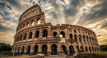 Explore the majestic Colosseum in Rome bathed in golden sunlight under a dramatic sky, perfect for travel, history, and ancient civilization themes