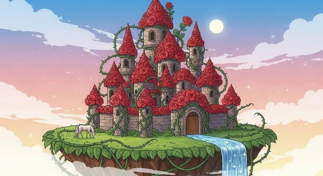 Dreamy castle adorned with roses atop floating island, a unicorn peacefully grazing by a waterfall under a pastel sky, a whimsical fairy tale scene