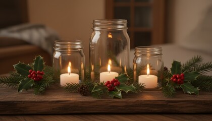 Festive candle arrangement with holly cozy home still life warm lighting