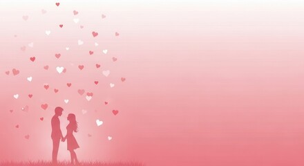 Romantic couple holding hands under a shower of hearts, perfect for Valentine's Day cards, wedding invitations, or love-themed projects