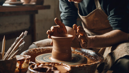 Potter creating pottery on spinning wheel in rustic studio. Craftsmanship, pottery making, artisanal work, ceramics workshops, traditional crafts, handmade products.