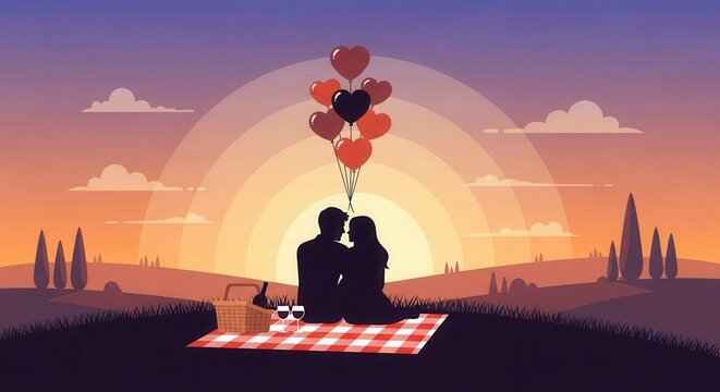 Romantic picnic at sunset with heart balloons and wine, perfect date night, anniversary celebration, or Valentine's Day promotion for couples getaway