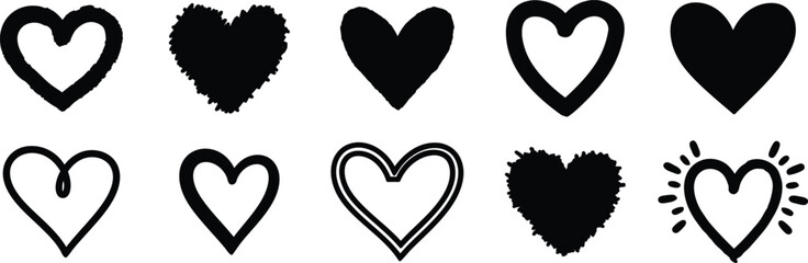 Collection of hand drawn heart shapes in black and white