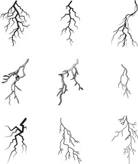 lightning bolt silhouettes depicting electric thunder strikes and high voltage power energy flashes.