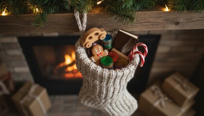 Christmas stocking filled with treats by cozy fireplace at home