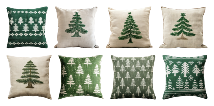 PNG Festive tree-patterned decorative pillows, element set on transparent background