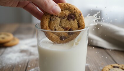 Dipping chocolate chip cookies in milk kitchen food photography cozy atmosphere
