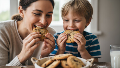 Enjoying homemade cookies with child cozy kitchen family activity indoor