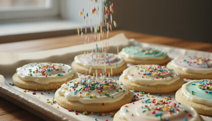 Sprinkles falling on iced cookies home kitchen food photography cozy atmosphere