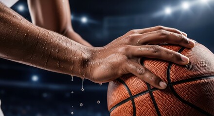Intense basketball action shot of athlete's grip on ball with dripping sweat showing determination and focus during a high-stakes game under stadium lights