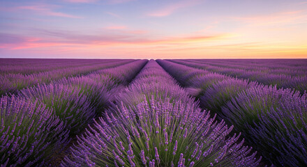 Obraz premium Endless Lavender Fields Under a Vibrant Pink Sunset Sky. A stunning, low-angle, wide shot capturing the endless, geometrically planted rows of vibrant purple lavender in full bloom