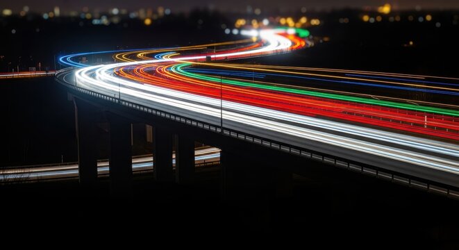 Dynamic long exposure of colorful car light trails on a highway at night with city lights creating a sense of motion and speed, ideal for urban concepts - Powered by Adobe