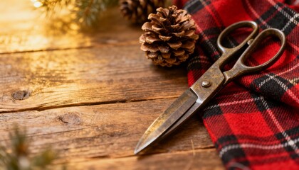 Holiday crafting essentials scissors pinecones and plaid atmosphere