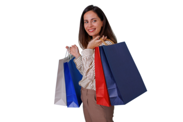 Happy woman enjoying shopping spree carrying colorful bags, consumer lifestyle and retail therapy on transparent background
