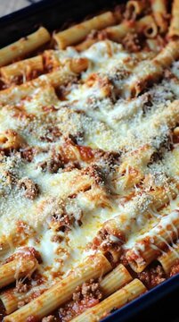 Delicious baked ziti pasta with melted mozzarella and parmesan cheese bubbling in a rich tomato sauce, ready to serve for a comforting family meal