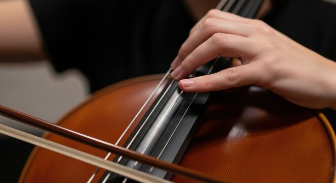 Elegant close up of a cellist's hand gracefully playing a cello, creating beautiful music for a live performance or recording session in a studio setting