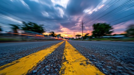 Ground level view emphasizes double yellow lines on asphalt road during twilight with motion blur